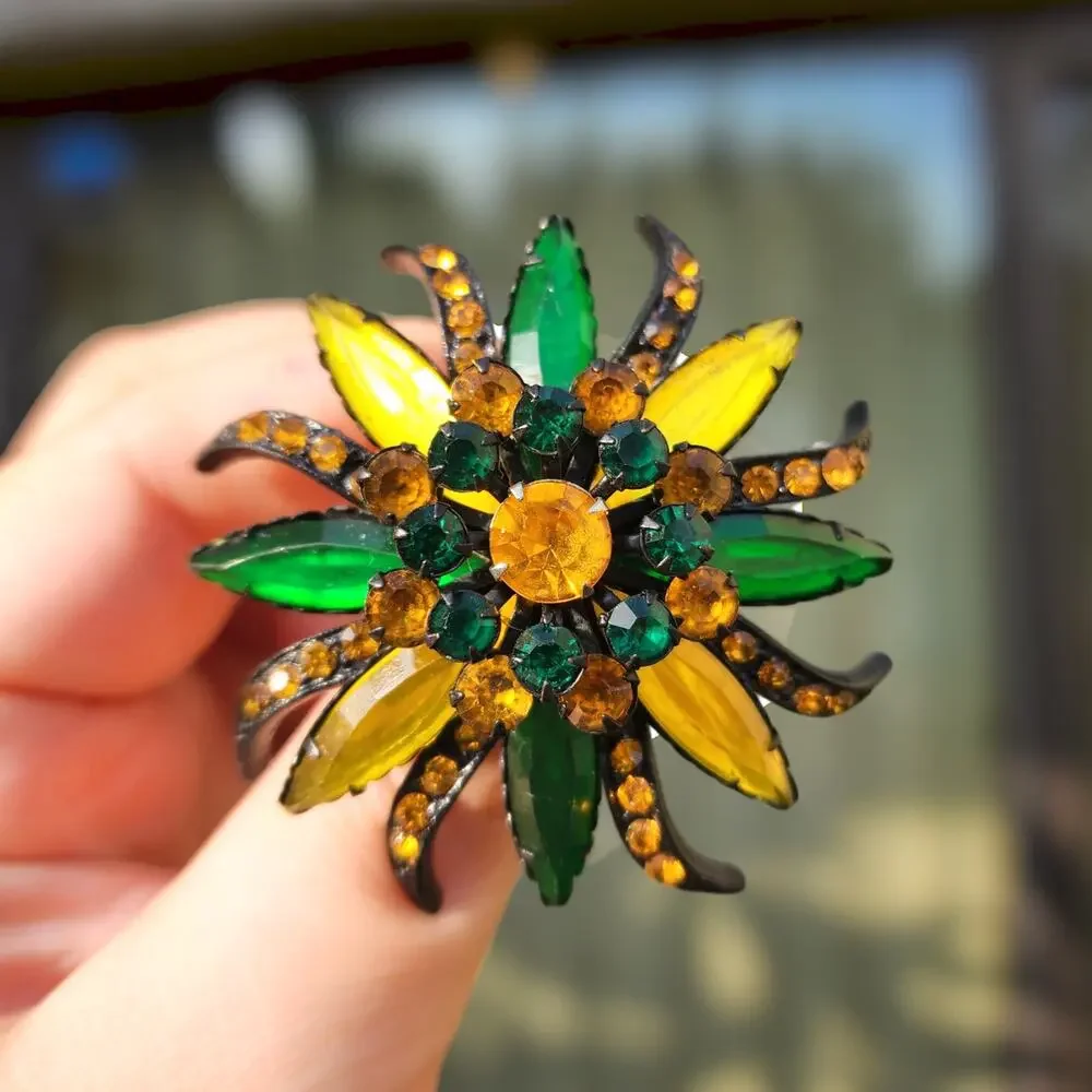 Vtg Selro Selini Brooch Japanned Amber Green Yellow Glass Marquise Rhinestones